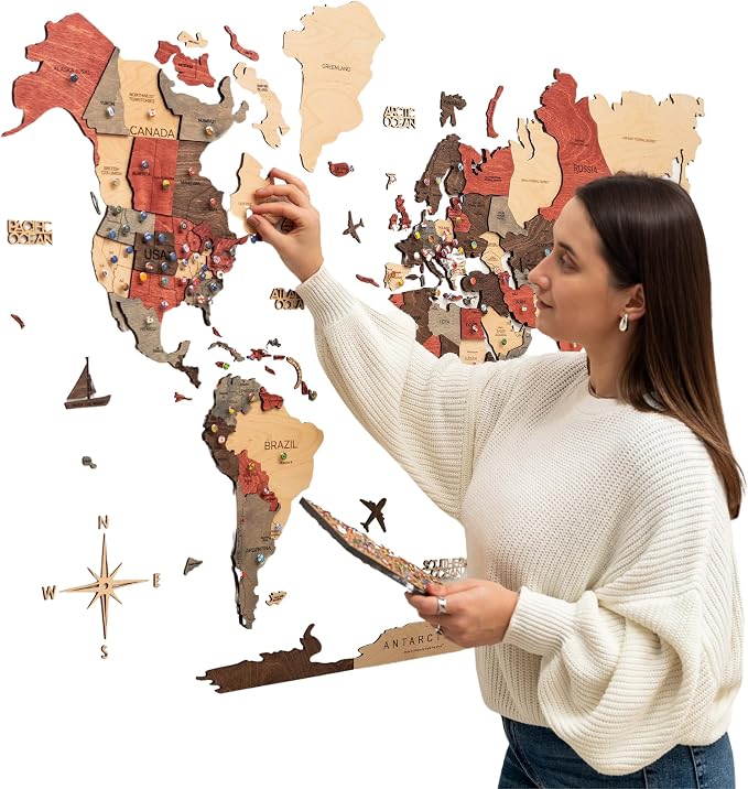 Enjoy The Wood 3D Wooden World Map Wall Art - Large Travel Map with Pins for Art Decor - Decorative Map of the World for Home, Office - Travel Wall Art Housewarming Gift Idea (Fusion, M, Unframed)
