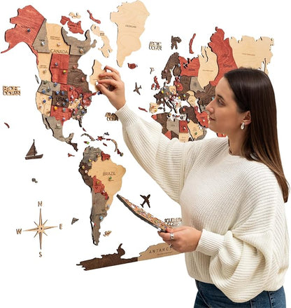 Enjoy The Wood 3D Wooden World Map Wall Art - Large Travel Map with Pins for Art Decor - Decorative Map of the World for Home, Office - Travel Wall Art Housewarming Gift Idea (Fusion, M, Unframed)