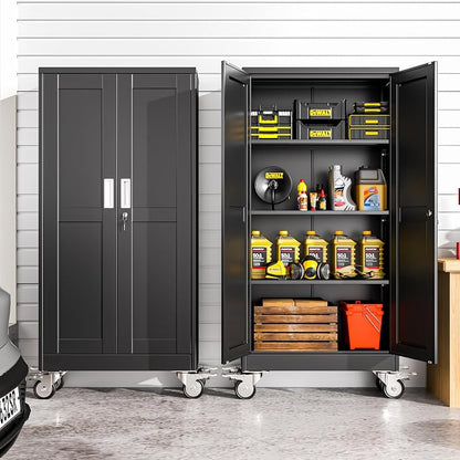 winiowa 61" Tall Metal Garage Storage Cabinet with Wheels, Steel Locking Rolling Tool Cabinet with 3 Adjustable Shelves for Garage,Home,Office (Black)