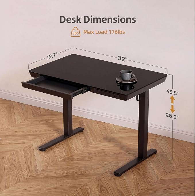 INNOVAR 32" Small Glass Standing Desk with Drawers & USB Ports, Whole-Piece Glass Top Adjustable Height Desks, Quick-Install Electric Sit-Stand Up Desk for Home Office & Computer Workstation, Black