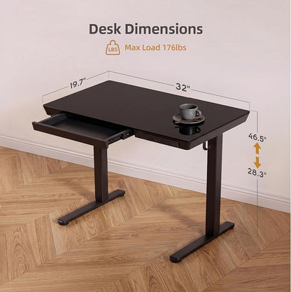 INNOVAR 32" Small Glass Standing Desk with Drawers & USB Ports, Whole-Piece Glass Top Adjustable Height Desks, Quick-Install Electric Sit-Stand Up Desk for Home Office & Computer Workstation, Black