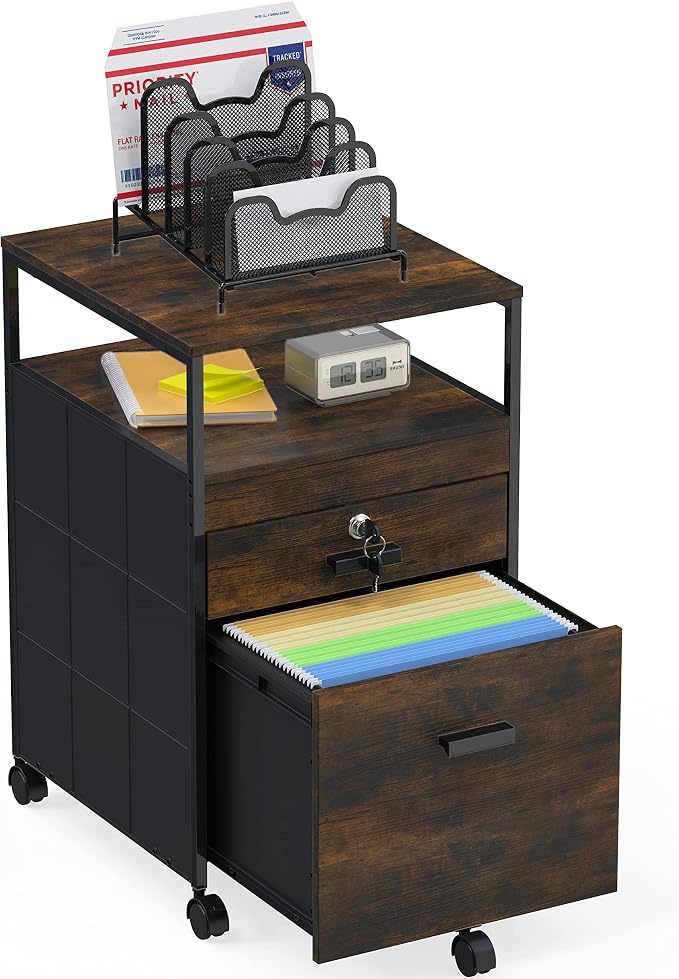 SHW Box File Rolling Mobile Cabinet with Open Shelf and Lockable Drawer, Rustic Brown