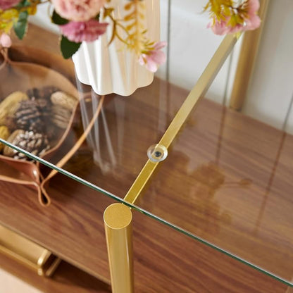 LumFurn Glass Console Table for Living Room, Foyer & Entrance, H41 x W14 x H31inch, 3-Tier Mid-Century Modern Sofa Table with Clear Glass Top, Walnut Finish Wood Shelf and Gold Finish Frame