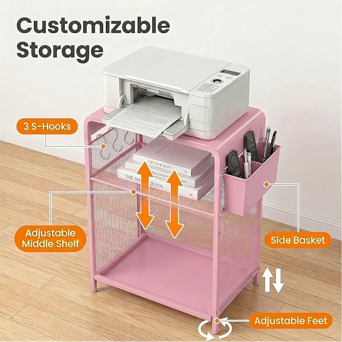 ECOLOVI 3 Tier Printer Stand for Under Desk, Height Adjustable Shelf Small Printer Table with 3 S-Hooks & Basket, Heavy Duty Industrial Storage Shelf for Home Office (Pink Metal)