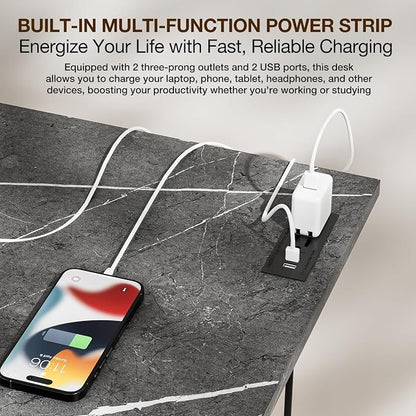TEMI Small Computer Desk Folding Table - No Assembly, Compact 43.3" Foldable Desk with Power Outlets & USB Charging Port, Portable Small Office Desk, Ideal Mini Study Table, Marble Greige