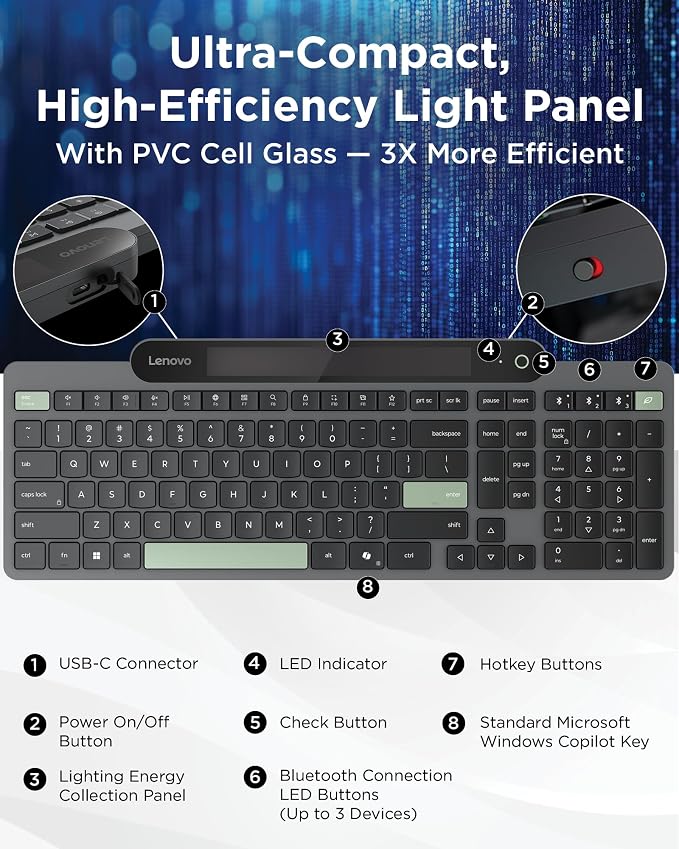 Lenovo 800 Self-Charging Bluetooth Keyboard, Uses Ambient Light for Charging, Bluetooth 5.1, Supports 3 Devices, Battery Free, Wireless, Grey