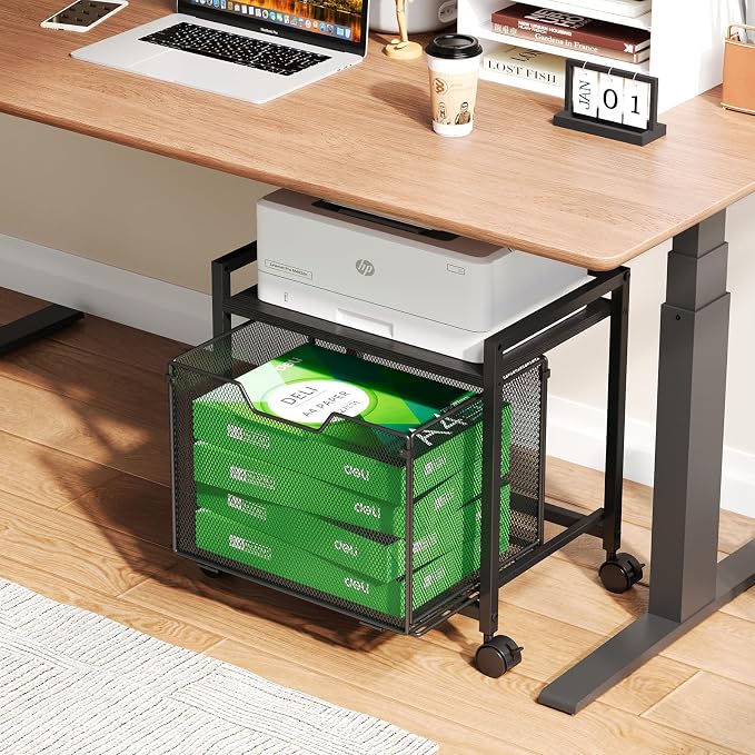 JKsmart Under Desk Storage, Printer Stand with Drawer, Rolling File Cabinet with Adjustable Table Top, 2 Tier Industrial Shelf on Fixed Feet Wheels, Sofa Side Table Organizer for Home, Office, Black