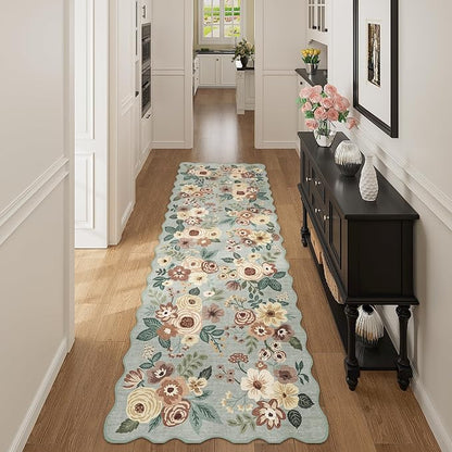DUKINO 2.6x8 Runner Rug for Hallway, Washable Kitchen Rug with Non Slip Backing & Non-Shediing, Soft Low Pile Floral Design Runner for Bedroom, Kithchen, Living Room, Laundry, Bathroom, Sage Green
