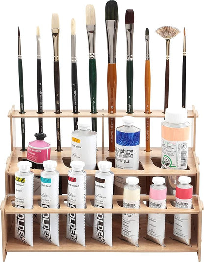 HG Art Concepts Mezzo Artist paint and Brush Rack - Wood Grain Laminate Multi Layer Desk Stand Professional Storage Display Organizer for paintbrushes and paint Tubes - Straight Rack 1