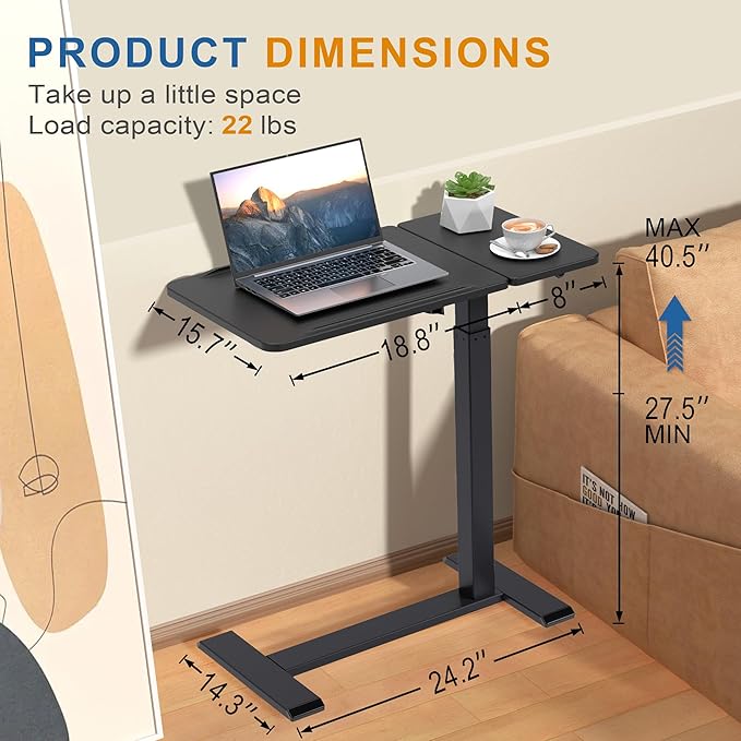 Adjustable Overbed Bedside Table with Hidden Wheels, Pneumatic Tilt Board Rolling Laptop Standing Desk Cart, Mobile Over Bed Sofa Chair Side End Tables, Walnut (Black)