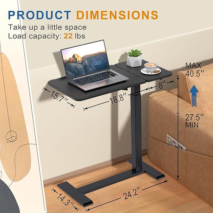 Adjustable Overbed Bedside Table with Hidden Wheels, Pneumatic Tilt Board Rolling Laptop Standing Desk Cart, Mobile Over Bed Sofa Chair Side End Tables, Walnut (Black)