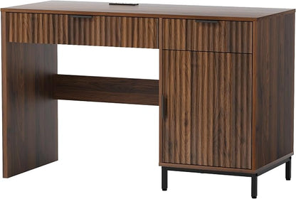 EYYTHUNG 47" Fluted Executive Desk, Modern Wood Home Office Desk with Charging Station, Drawer & Cabinet, Computer Writing Desk for Work Study, Brown
