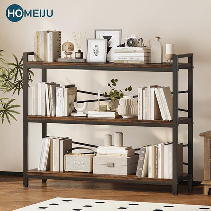 3 Tier Bookshelf 39.37" Width, Long Industrial Bookcase, Vintage Farmhouse Modern Wooden Big Book Shelf for Home Living Room Bedroom Office Storage(Rustic Brown)