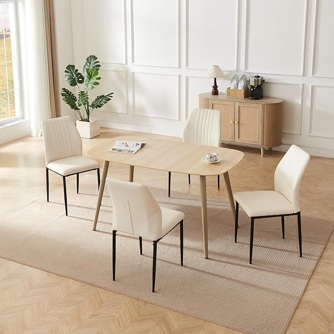 HIPIHOM 55.1" Modern Dining Table Set for 4, Scratch-Resistant Wood Table with 4 Black Leather Chairs, Stylish & Durable Dining Room Furniture, Space-Saving Kitchen Table Set for Family & Apartment