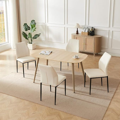 HIPIHOM 55.1" Modern Dining Table Set for 4, Scratch-Resistant Wood Table with 4 Black Leather Chairs, Stylish & Durable Dining Room Furniture, Space-Saving Kitchen Table Set for Family & Apartment