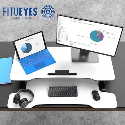 FITUEYES Height Adjustable Standing Desk 36” Wide Sit to Stand Converter Stand Up Desk Tabletop Workstation for Laptops Dual Monitor Riser White SD309103WW