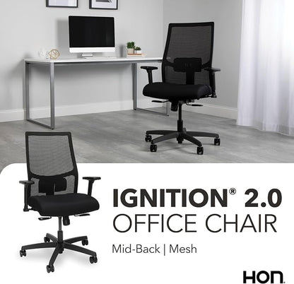 HON Ignition 2.0 Mid‑Back Ergonomic Office Chair, Mesh Task Desk Chair with Lumbar Support, Standard Synchro‑Tilt, Height and Width Adjustable Arms, Black Frame, Black