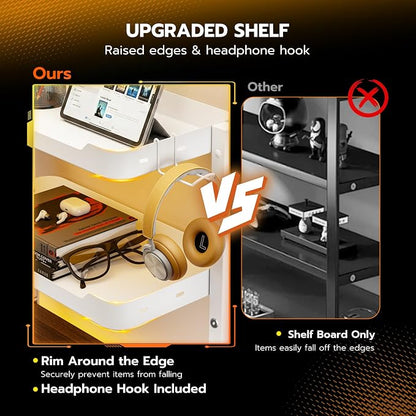 ARES WING 2-Tier Clamp On Desk Shelf, 16 inch Adjustable Above or Under Desk Storage Shelves Holds 66 lbs, Heavy Duty Desktop Organizer with Headphone Holder for Working and Gaming Accessories, White