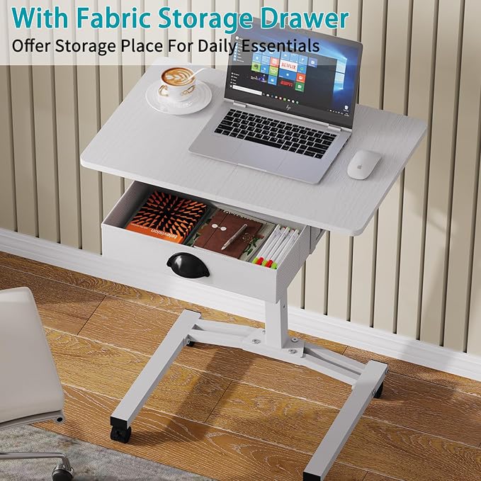 Rolling Adjustable Height Computer Desk With Drawers, Small Mobile Laptop Desk Cart On Wheels For Small Spaces Home Office, Portable Sitting Laptop Table For Bed Couch Load Up To 60LBS, Sturdy, White