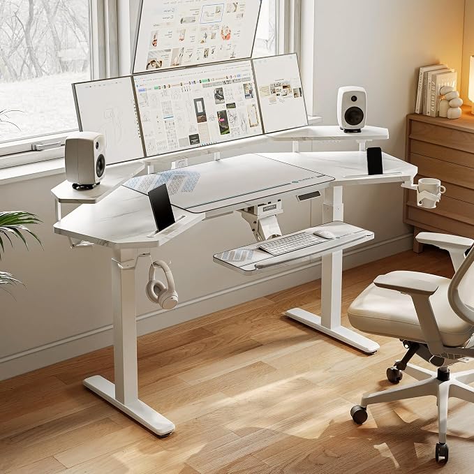 EUREKA ERGONOMIC Gaming Desk, w Keyboard Tray, 73" Wing Shaped Music Studio Table with LED Shelves, Gaming Recording Live Stream, Slot Design