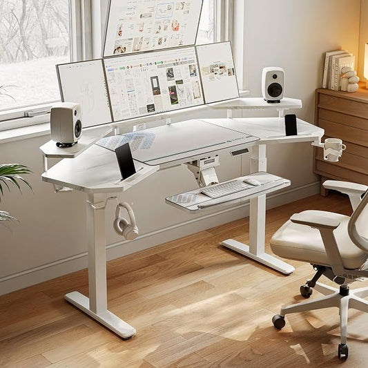 EUREKA ERGONOMIC Gaming Desk, w Keyboard Tray, 73" Wing Shaped Music Studio Table with LED Shelves, Gaming Recording Live Stream, Slot Design