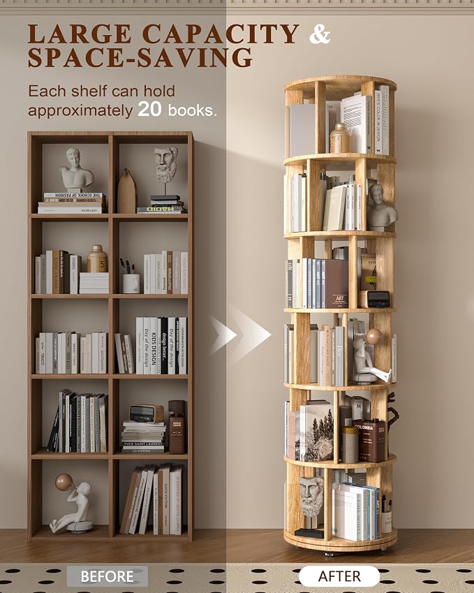 6-Tier Solid Wood Rotating Bookshelf on Wheels, 360° Spinning Book Shelf Tower, Round Revolving Bookcase Organizer, Rolling Bookshelves for Small Spaces, Corner, Bedroom, Kids Room, Office, Natural