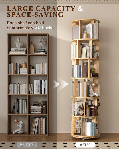6-Tier Solid Wood Rotating Bookshelf on Wheels, 360° Spinning Book Shelf Tower, Round Revolving Bookcase Organizer, Rolling Bookshelves for Small Spaces, Corner, Bedroom, Kids Room, Office, Natural