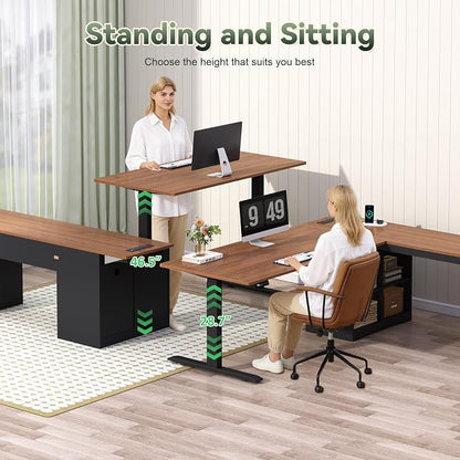 YOMILUVE Farmhouse L Shaped Standing Desk, 66 inch Corner Electric Standing Desk with Drawers ＆ Storage Shelves, Height Adjustable Computer Desk with Power Outlets for Home Office (Black and Brown)