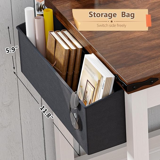 EnHomee 40 Inch Small Desk with Storage Bag Detachable, Writing Desk with Power Outlet, Modern Simple Home Vanity Desk for Small Spaces, Study Desk for Bedroom, Brown & White