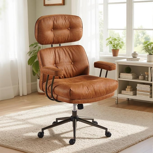Faux Leather Executive Office Chair - Big and Tall Ergonomic Home Office Chair, Computer Desk Chairs with Lumbar Support,Adjustable Swivel Rolling PC Chairs with Wheels,Brown,Suede