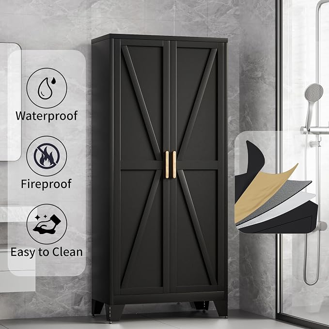 Baborokic 71H Tall Metal Storage Cabinet with 2 Doors and Adjustable Shelves,Farmhouse Storage Cabinet with Barn Doors,Pantry Storage for Home,Office,Bathroom,Dining Room,Kitchen(Black)