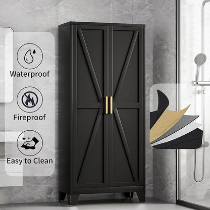 Baborokic 71H Tall Metal Storage Cabinet with 2 Doors and Adjustable Shelves,Farmhouse Storage Cabinet with Barn Doors,Pantry Storage for Home,Office,Bathroom,Dining Room,Kitchen(Black)