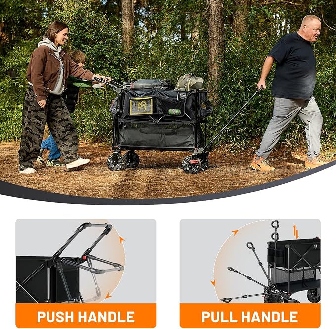 TIMBER RIDGE Push & Pull Double Decker Wagon, 400L Large Capacity Heavy Duty & 450lb Load, Collapsible Cart with All-Terrain Wheels & Brakes, 54” Extended Foldable for Sports, Beach, Camping, Black