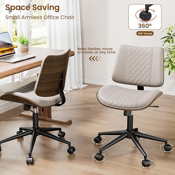 REONEY Home Armless Office Chair, Modern Walnut Desk Chair with Wheels, Adjustable Swivel Rolling Task Chair with Curved Back for Reading,Meeting Room,Beige