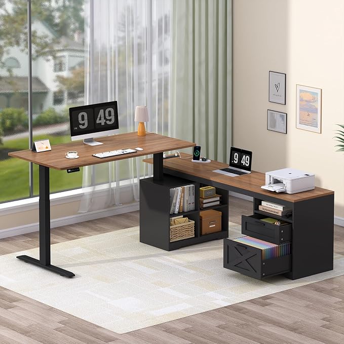 YOMILUVE Farmhouse L Shaped Standing Desk, 66 inch Corner Electric Standing Desk with Drawers ＆ Storage Shelves, Height Adjustable Computer Desk with Power Outlets for Home Office (Black and Brown)