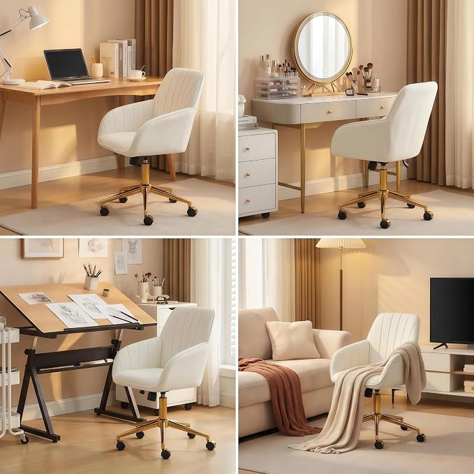 Velvet Home Office Desk Chair, Modern Cute Computer Task Chair with Back, Height Adjustable Upholstered Vanity Chair with Swivel Wheels for Women, Girls (Gold Base, Cream