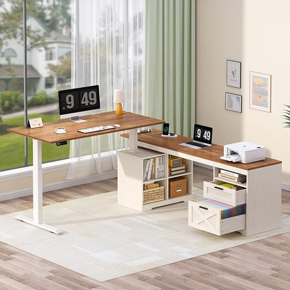 YOMILUVE Farmhouse L Shaped Standing Desk, 66 inch Corner Electric Standing Desk with Drawers ＆ Storage Shelves, Height Adjustable Computer Desk with Power Outlets for Home Office (Antique White)