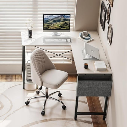 50 Inches L Shaped Home Office Computer Desk Reversible Corner Table PC with Wood Tabletop Metal Frame CPU Stand Side Bag for Gaming, Working and Studying, White