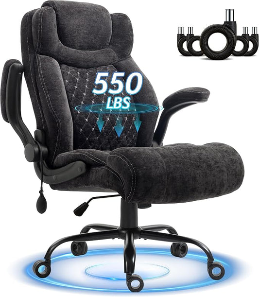 Office Chair, Big and Tall Executive Chairs with Lumbar Support for Back Pain,Breathable Desk Computer Chair with Adjustable Flip-up Armrests,Wide Cushion Swivel Home Office Chair Fabric black
