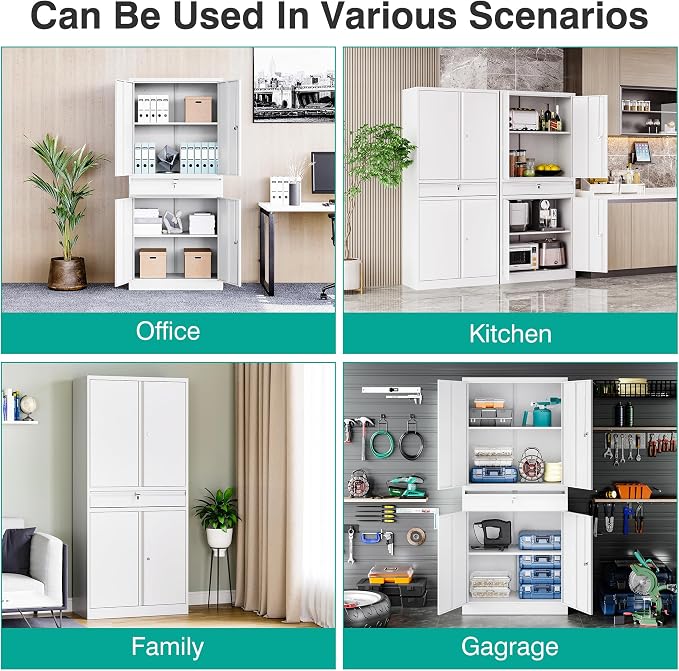 SISESOL White Metal Storage Cabinet with Drawer and Locks,Garage Storage Cabinet with Locking Doors and Adjustable Shelves,71" Tall Large Metal Cabinets with Magnetic Door for Home,Office,Garage