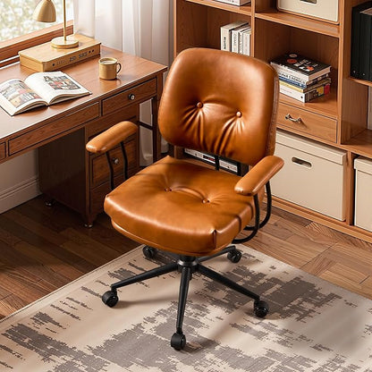 HOOOWOOO Ergonomic Office Chair,Mid Century Modern Computer Desk Chair,Comfy Executive Chair with Extra Wide Tufted Cloudy Seat Lumbar Support Rocking Back,PU Leather Light Brown