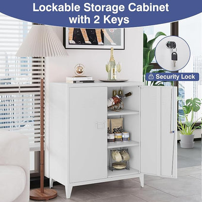 Metal Storage Cabinet,Home Office Cabinet with Doors and Adjustable Shelves,Locking Cabinet with Adjustable Leg Levelers Assembly Required(White)