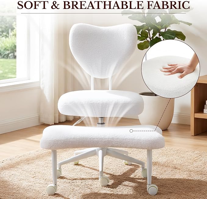 Cross Legged Office Chair with Wheels, 360 Swivel Height-Adjustable Meditation Chair with Lumbar Support, White