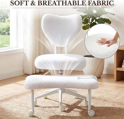 Cross Legged Office Chair with Wheels, 360 Swivel Height-Adjustable Meditation Chair with Lumbar Support, White