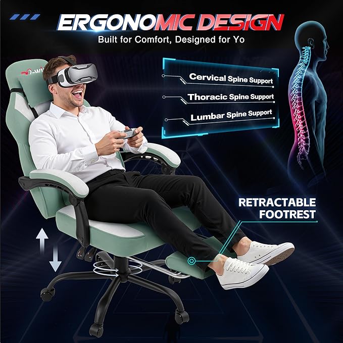 Gaming Chair for Adults with Footrest & Massage Lumbar Support, Ergonomic High Back Gamer Chair, Adjustable Swivel Computer Gaming Chairs with Headrest and Linkage Armrests,Green