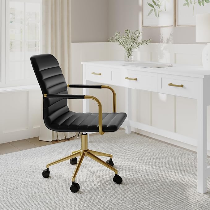 Martha Stewart Taytum Swivel Task Chair with Armrests for Home Office in Black Faux Leather with Polished Brass Frame