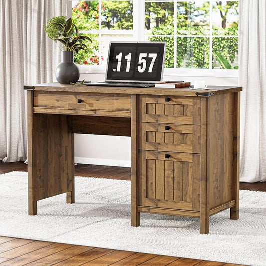 Small Farmhouse Executive Desk with Drawers, 45 Inch Vintage Computer Desk with Storage for Home Office, Bedroom & Study, Light Brown