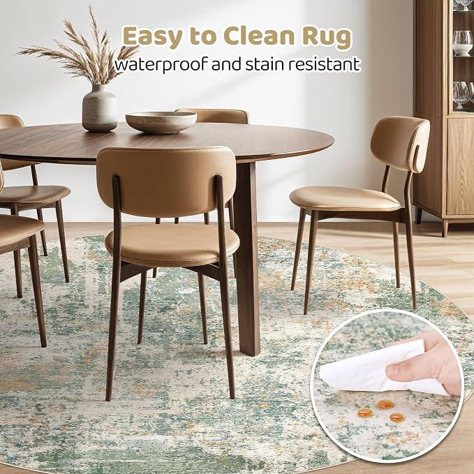 10ft Round Rug Living Room Rugs: 10x10 Washable Circle Large Abstract Modern Soft Stain Resistant Non-Slip Indoor Floor Carpet for Bedroom Nursery Office Dining Room Playroom Home House- Green