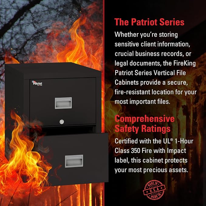 FireKing Patriot 2P1831-CBL Insulated UL Class 350 one-Hour Fire Rated Vertical Filing Cabinet with 2 Drawers, Deep Letter Size, 31-9/16" Length x 17-3/4" Width x 27-3/4" Height, Black