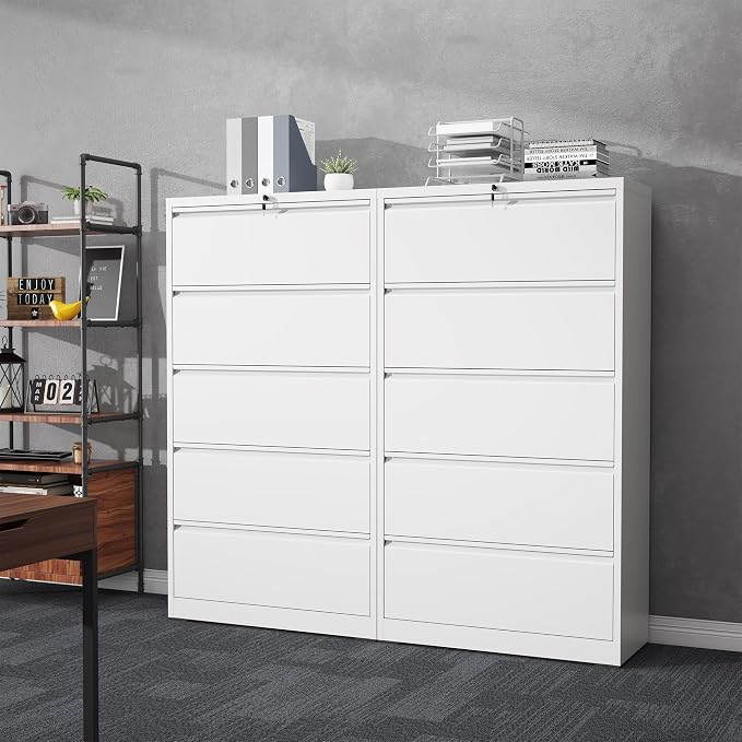 5 Drawer File Cabinet with Lock, Lateral Filing Cabinets,Metal Storage Filing Cabinets for Home Office, Heavy Duty File Cabinet for Letter/Legal/A4/F4 Size Amsseble Required, White